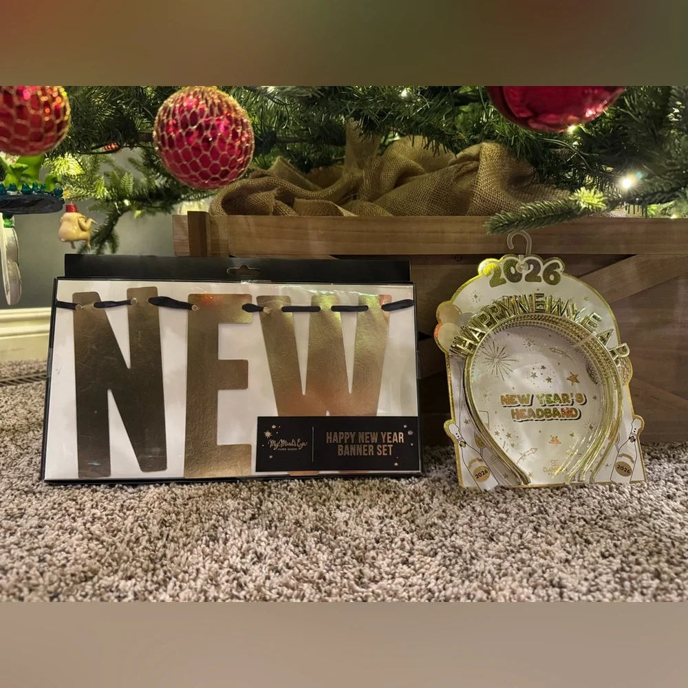 Happy New Year Party Decor Lot Banner + 6 Tiara Headbands (Gold And Silver)